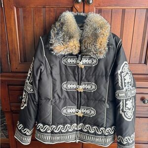 Bogner Brown Jacket with Faux Fur Collar and Embroidered Details